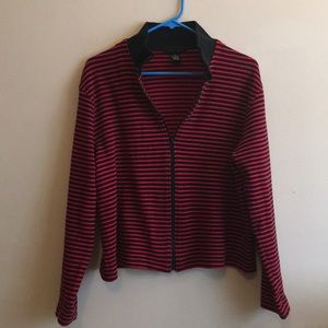 Red & black striped waffle knit zip-front cardigan